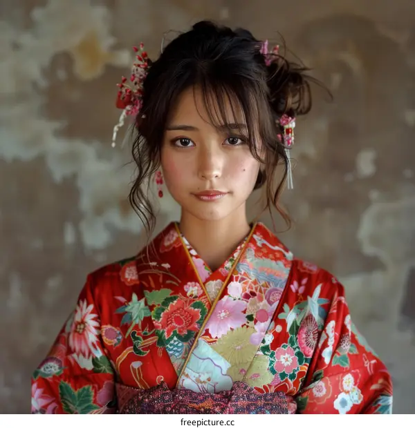 Portrait of a young woman in a red kimono