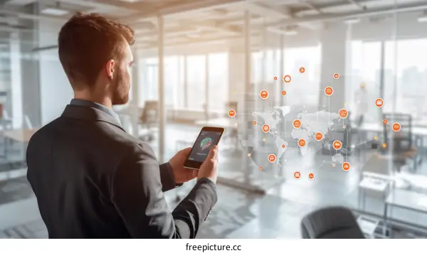 Businessman with Smartphone and Infographic Showing Global Connections