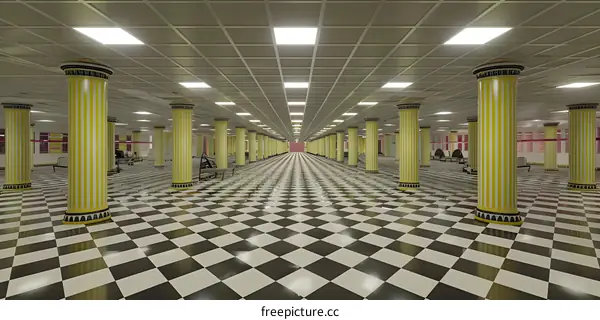 Checkerboard Floor and Columns in a Long Hallway
