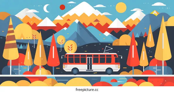 Flat Style Mountain Landscape with Bus