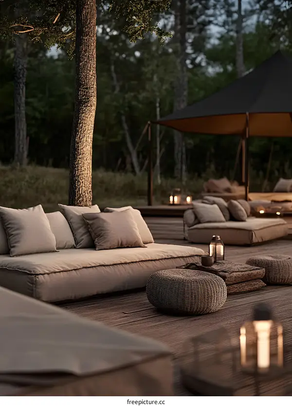 Outdoor Lounge Area with Cushions and Wicker Ottomans in a Forest Setting