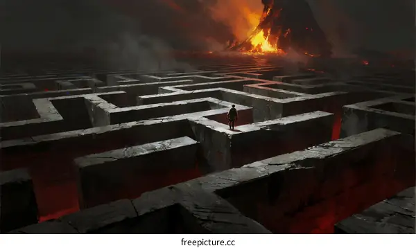 A lone figure navigating a fiery maze with a volcanic backdrop