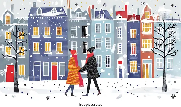 Couple Walking in Snowy Town Illustration