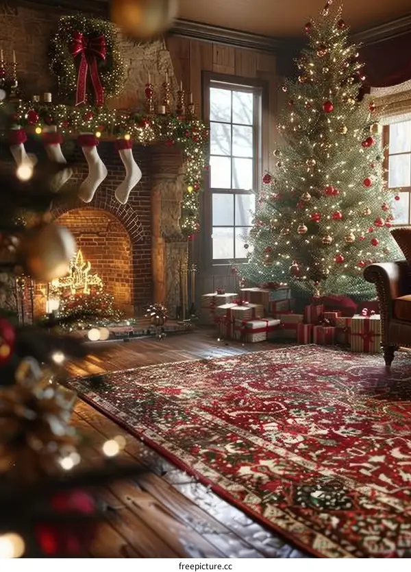 Christmas Tree by the Fireplace