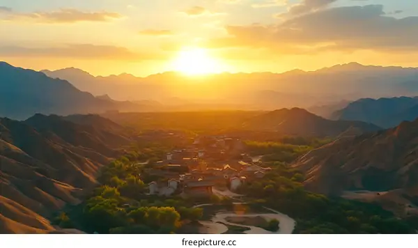 Golden Sunset Over Mountain Valley Landscape
