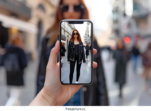 Woman Taking Photo on Smartphone of Woman in Black Leather Jacket