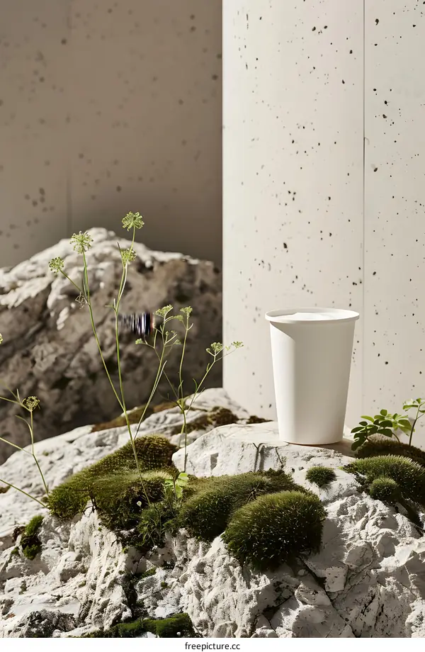 White Coffee Cup On Moss Covered Rock