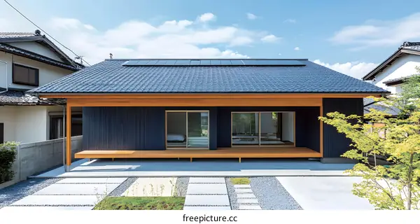 Modern Japanese House with Wooden Deck and Solar Panels