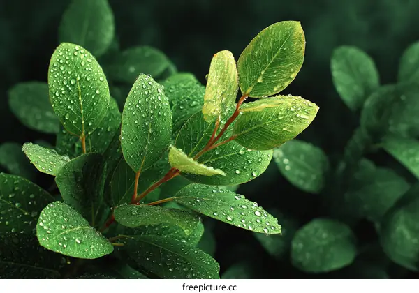 Closeup of Fresh Green Leaves with Water Drops