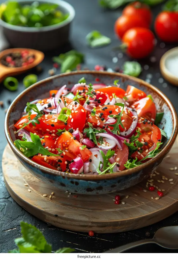 Fresh tomato salad with red onion, herbs and sesame seeds