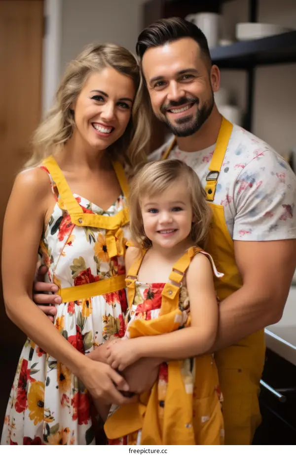 Happy family of three in the kitchen