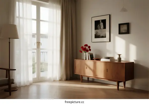 Modern and bright living room with wooden furniture and natural light