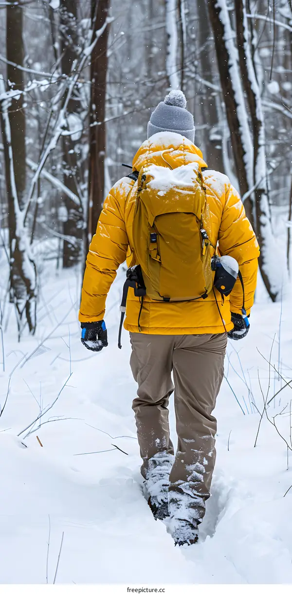 Man Hiking Through Snowy Forest in Winter