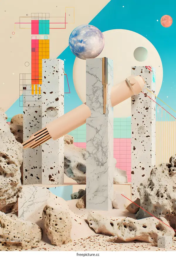 Abstract 3D Art Illustration of Geometric Shapes and Planets