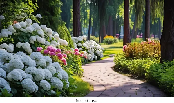 Hydrangea Path in a Serene Summer Park