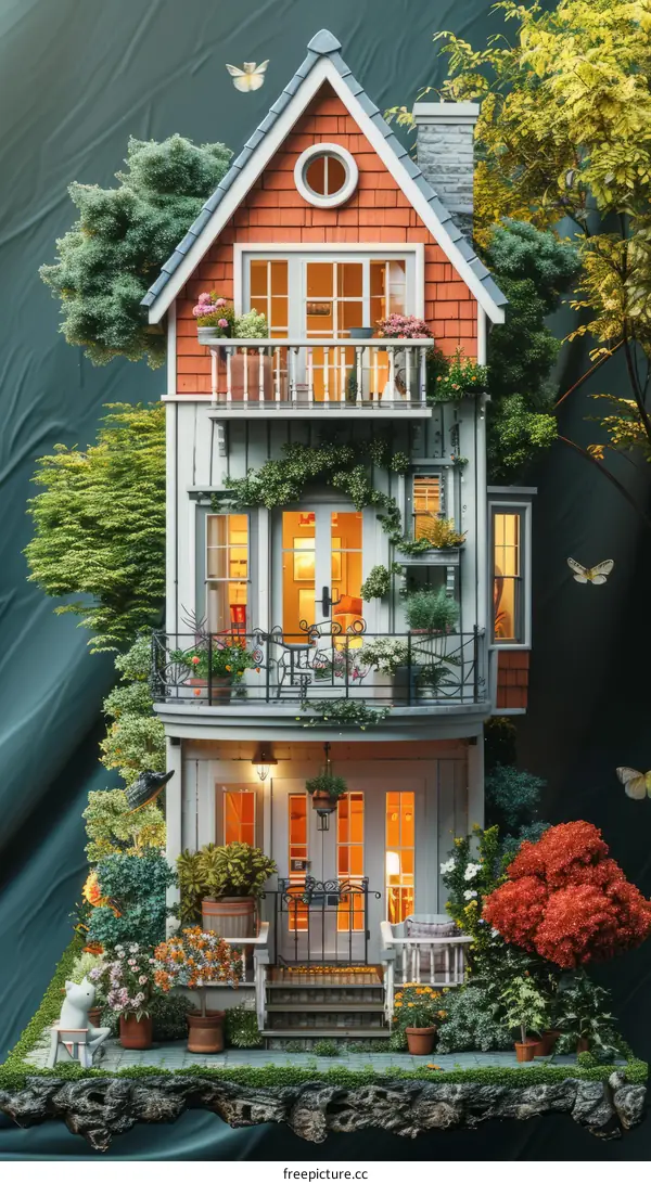 A cute cottage house with a garden full of flowers and plants