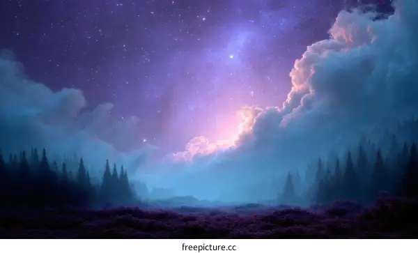 Mystic Night Sky Over Misty Forest
