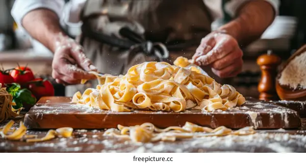 Italian pasta being prepared on a wooden board