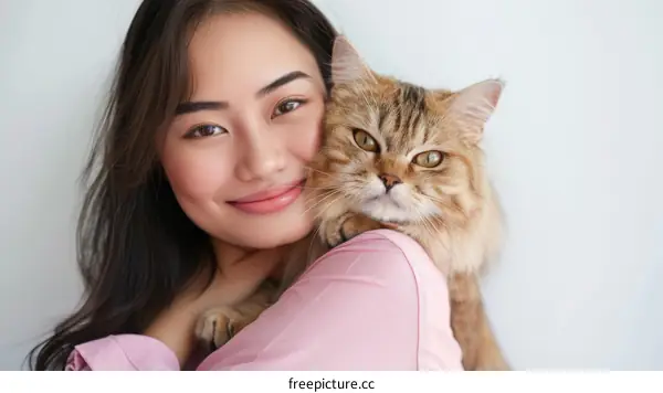 A young woman with long dark hair is smiling and hugging a fluffy cat