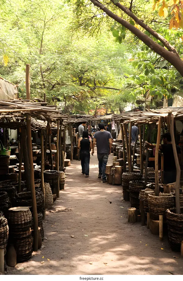 Outdoor Market Stalls With Woven Baskets and People Walking