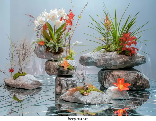 Still Life: Orchid, Anthurium, and Other Flowers on Rocks