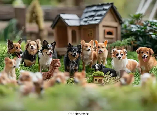 Diverse Dog Breeds Posing in Front of a Miniature House