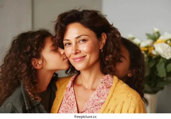 Mother and Daughters Affectionate Kiss