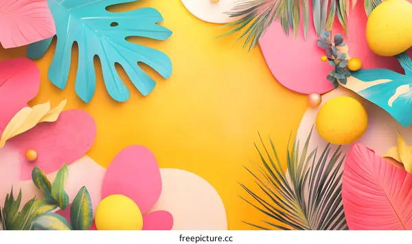 Tropical Summer Leaves and Abstract Shapes on Yellow Background