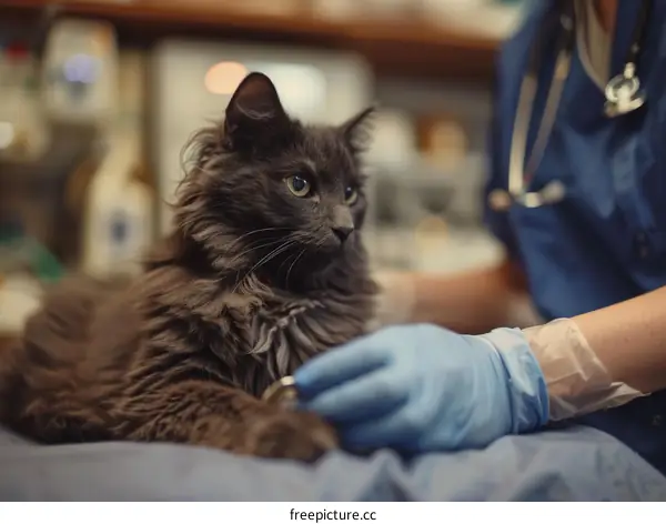 A veterinarian examines a gray cat