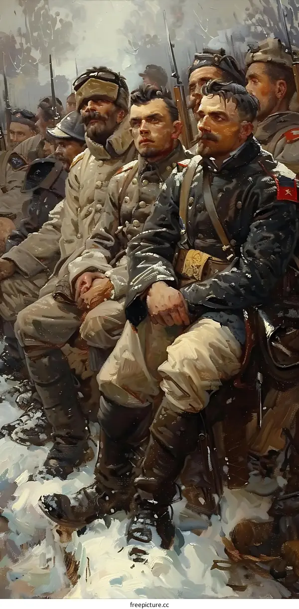 A group of soldiers sitting on a snowy hillside during World War I