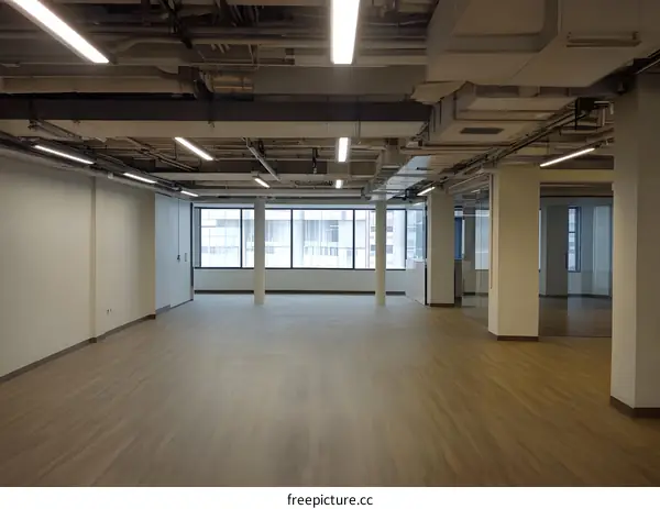 Empty Office Space with Exposed Pipes and Windows