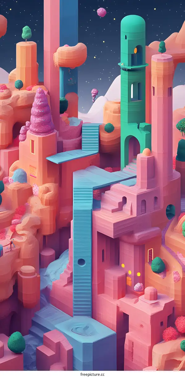 Abstract Cityscape with Pink Towers and Geometric Shapes