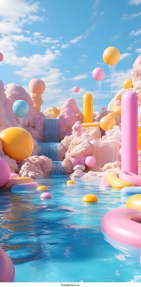 3D Illustration of a Colorful Surreal Landscape with a Waterfall