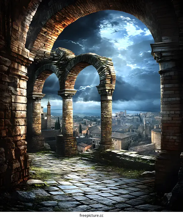 Ancient Cityscape Through Stone Arches