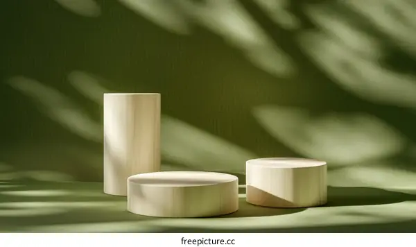 Three Wooden Cylindrical Display Stands in a Green Studio
