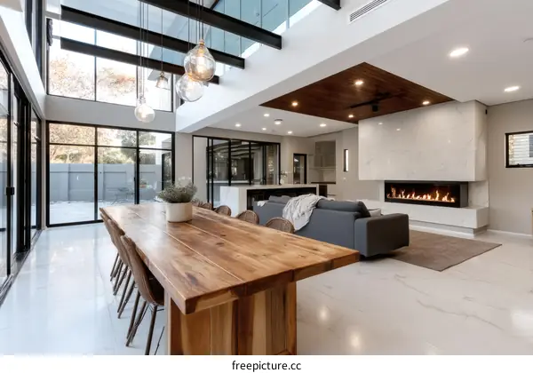 Modern Open-Plan Living Area with Dining Table