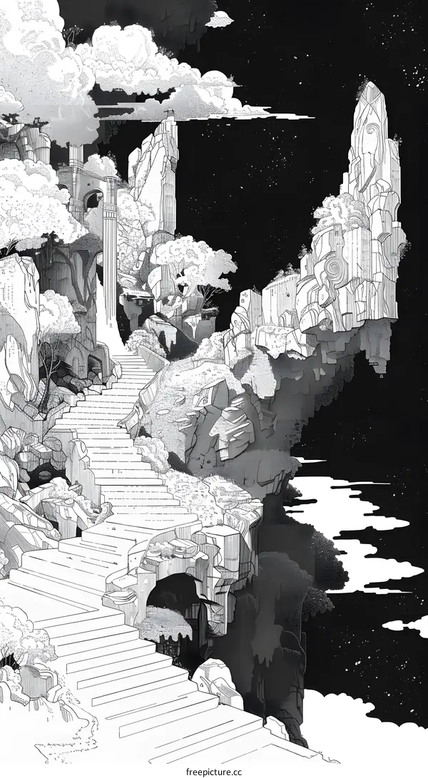 Black and White Illustration of Stone Steps Leading to a Mysterious Place