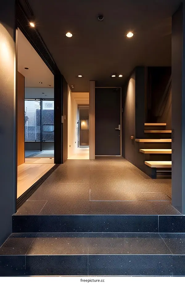 Modern Minimalist Home Interior Entryway With Black And Wooden Accents