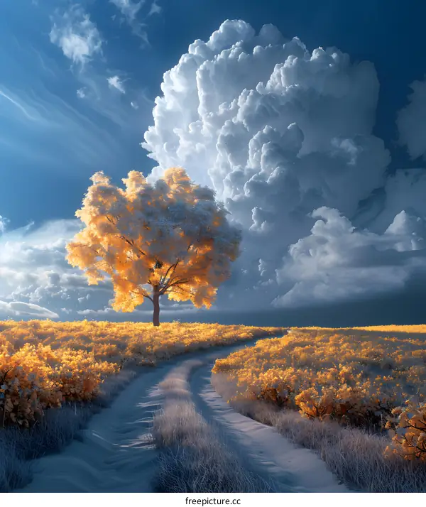 Lonely Tree in a Field of Yellow Flowers Under a Stormy Sky