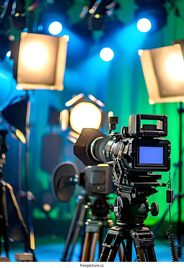 Professional Video Camera on Tripod in Studio