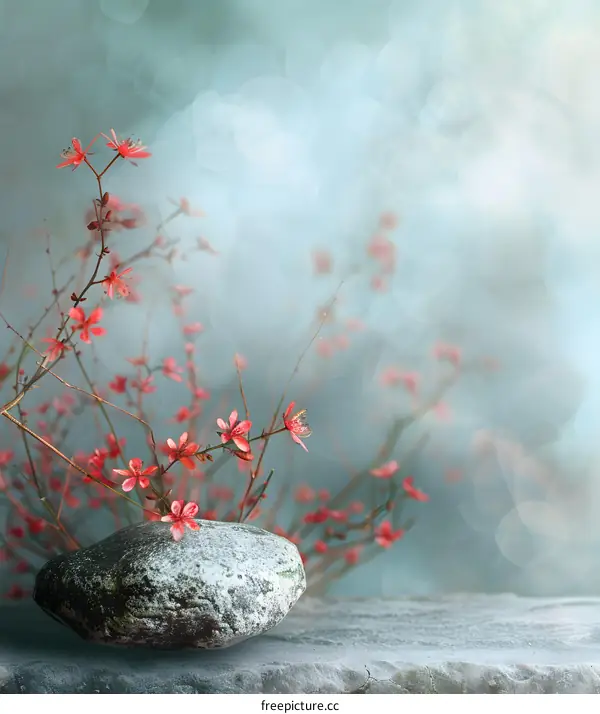 Pink Flower Branch with Stone on Table with Bokeh Background