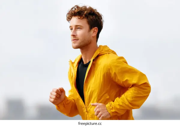 Man Running in Yellow Jacket Outdoors