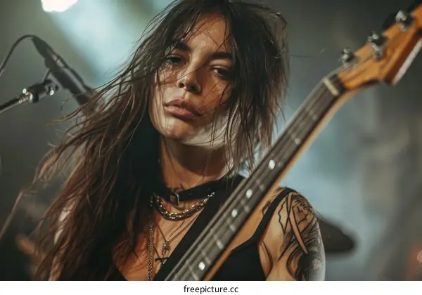 Portrait of a female musician playing bass guitar on stage