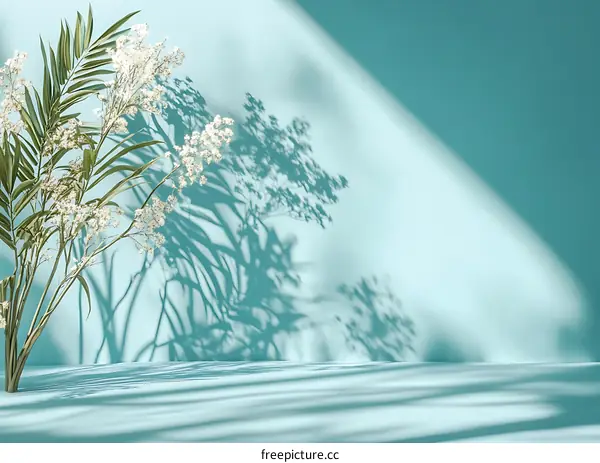 Minimalist Blue Background With White Flowers and Shadows