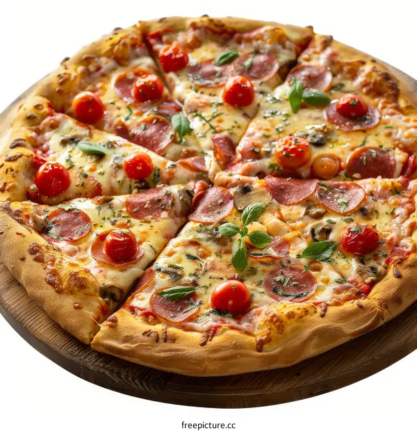 A cheesy pizza topped with pepperoni, mushrooms, tomatoes, basil