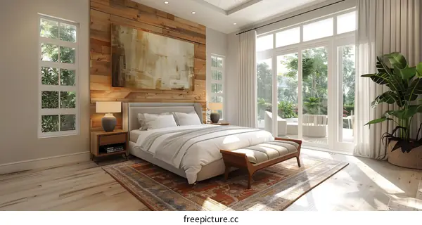 Modern Bedroom with Wooden Wall and Patio Access