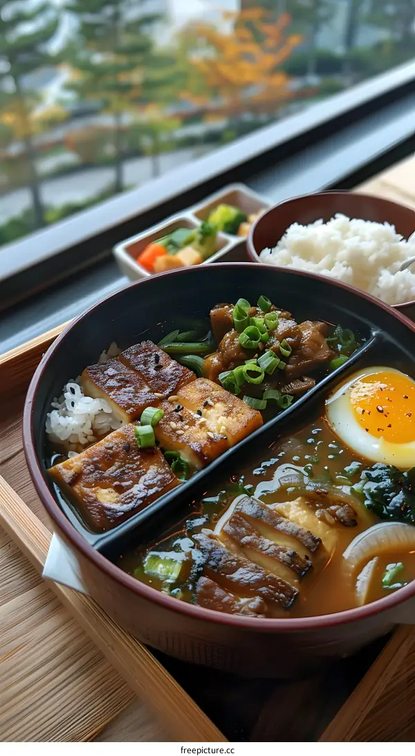 A delicious Japanese dish with rice, tofu, and vegetables