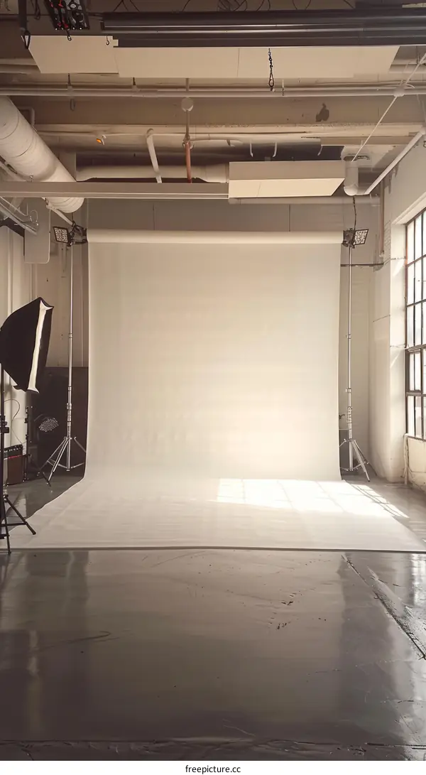 An empty photo studio with a large white backdrop and lighting equipment