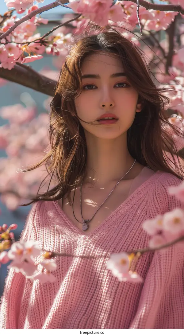 Portrait of a beautiful Asian woman standing in a field of cherry blossoms