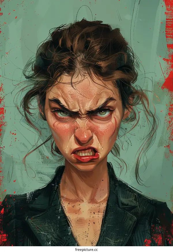 A digital painting of a womans face. The woman has brown hair, green eyes, and a red mouth. She is wearing a black suit. The background is green.